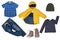 Collage set of little boys spring clothes isolated on a white background. Denim trousers or pants, sneaker, a rain jacket, shirts