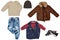 Collage set of little boys spring clothes isolated on a white background. A trendy stylish brown leather jacket, denim trousers or