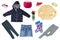 Collage set of little child girl clothes isolated on a white background. Collection of rain jacket, sweater, jeans, jeans skirt,