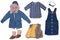 Collage set of little girl autumn clothes isolated on a white background. The collection of a jeans ja cket, a fur vest, a jeans