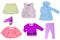 Collage set of little girl clothes for day of the child isolated on a white background. Colorful fashion for party or birthday