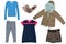 Collage set of little girl clothes isolated on a white background. The collection of a jacket, sweater, short brown jeans skirt