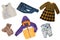 Collage set of little girl clothes isolated on a white background. The collection of a rain jacket, jeans , sweater, boots, vests