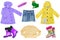 Collage set of little girl clothes isolated on a white background. The collection of  rain jackets, sweater, a jeans skirt, rubber