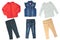 Collage set of little girl spring clothes isolated on a white background. The collection of a jeans vest and two denim pants, a