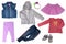 Collage set of little girl spring clothing isolated on a white background. The collection of a down jacket, a sweater and skirt,