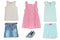 Collage set of little girl summer clothes isolated on a white background. The collection of jeans skirt and shoes, short summer