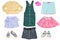 Collage set of little girl summer clothes isolated on a white background. The collection of a jeans skirt, shoes, short summer