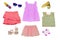 Collage set of little girl summer clothes isolated on a white background. The collection of a sleeveless shirt, shoes, short