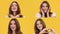 Collage set of lovely caucasian woman smiling and flirting to camera, orange studio background, slow motion