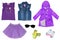 Collage set of pink little girl clothes isolated on a white background. The collection of rain jacket, a sleeveless jeans vest,