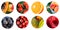 Collage of set of round circle icons of various seasonal tropical and exotic fruits and berries on white background. Vitamins