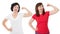 Collage and set. Strong middle age women showing muscularity and looking at camera isolated on white. Copy space and blank