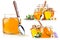 Collage set sweet honey in glass jars with spoon and flowers