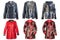 Collage set of three stylish elegant and luxurious female blue woman leather jackets and three red leather coats in various views