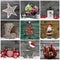 Collage of several different colorful christmas decoration on wood.