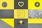 A collage showcasing the trendy colors of 2021 - gray and yellow. Heart, cups, plate, knitted fabric backgrounds.