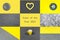 A collage showcasing the trendy colors of 2021 - gray and yellow. Heart, cups, plate, knitted fabric backgrounds.