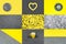 A collage showcasing the trendy colors of 2021 - gray and yellow. Heart, cups, plate, knitted fabric backgrounds.