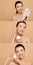 Collage with smiling nude asian girl in latex gloves applying face cream