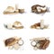 Collage with sourdough starter and different freshly baked bread isolated on white. Leavening agent