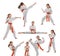 Collage. Sportive young girl, teen, taekwondo athlete training isolated over white background. Concept of sport