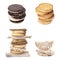 Collage with stacks of tasty crispbreads on white background