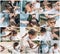 Collage step by step of hair braiding to little girl, close up photos