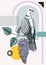 Collage style dove vector illustration. Hand-drawn bird on blooming lilac branches with flowers and leaves. Trendy design with