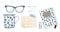 Collage of summer watercolor landscape with fields, sky. trees	isolated on backgroundillustration of book, cup, notebook, glasses,