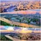 Collage of sunset views above Moscow wth cloud reflections in city river, traveling boats and bridge