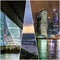 Collage of sunset views above Moscow wth cloud reflections in city river, traveling boats and bridge