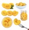 Collage with tasty canned peaches isolated on white