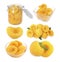 Collage with tasty canned peaches isolated on white