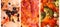Collage of three kinds best italian pizzas. Pizza with ham and olives, with bacon and Veggie. Food banner, pizza backgrounds