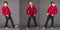 A collage of three photos of a pretty little boy in a red shirt