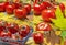 Collage of tomatoes and dry autumn leaves