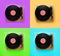 Collage of turntables with vinyl records on different color backgrounds, top view