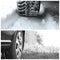 Collage with two tires: winter tire on snow background and summer tire on grass