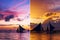 Collage of two vertical images with sailboats at sunset