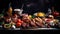 Collage of various grilled meat and vegetables. Generative Ai