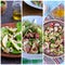 Collage, various types of green salads: salad with pear and spinach, salad with radish and tuna, salad with radish and cucumber.