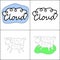 Collage of vector stilized pictures or icons of white happy sheep with green lawn and white cloud with blue sky on the white backg