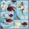 Collage of vintage aqua blue tray setting with berries