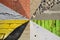 Collage wall and pavement background. Colorful different wall an