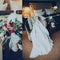 Collage wedding dress and bouquet in the hotel room