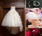 Collage of wedding photos. Bridal bouquet, dress, beautiful decoration, flowers and floral, ceremony