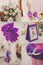 Collage of wedding pictures decorations in purple