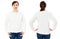 Collage White t-shirt wide neck, long sleeves, on a middle-aged woman in jeans, isolated, front and back, mockup