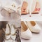 Collage of white wedding bridal shoes with a bow